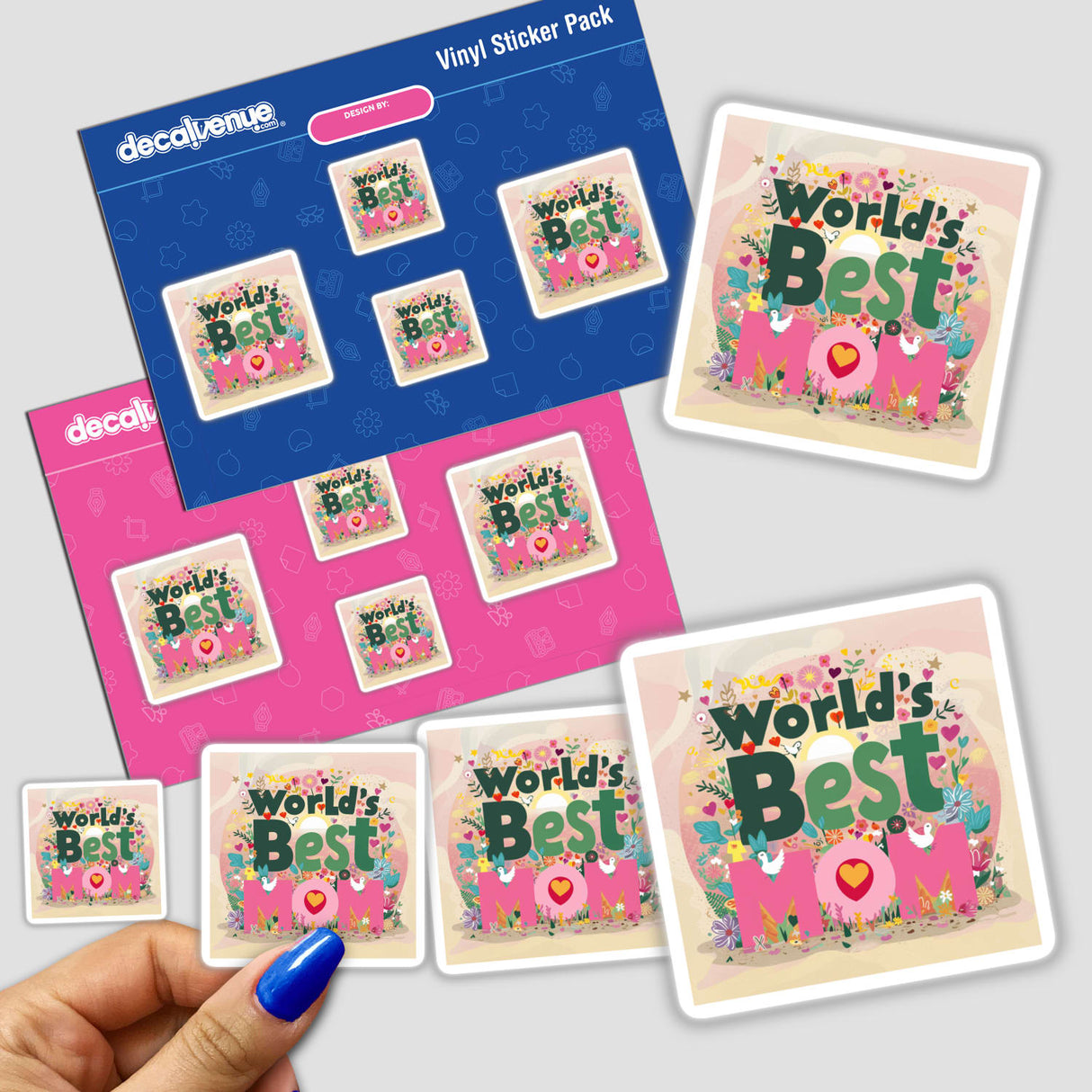 Colorful digital artwork stickers featuring the text "World's Best Mom" on a pink and blue background, displayed in a Decal Venue vinyl sticker pack.