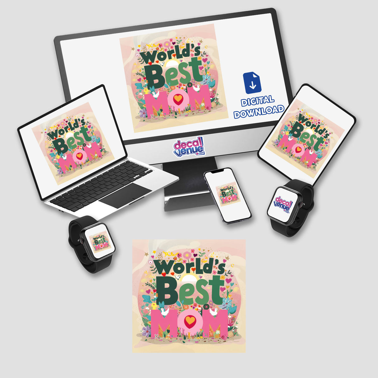 Colorful digital artwork depicting the text "World's Best Mom" surrounded by hearts and flowers displayed on various devices and merchandise. The image showcases the product placement in different formats including a laptop, smartphone, smartwatch, and physical stickers.