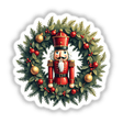 Nutcracker Soldier in a Christmas Wreath depicted with intricate details, available as stickers or digital artwork, showcasing vibrant holiday ornaments and festive charm.