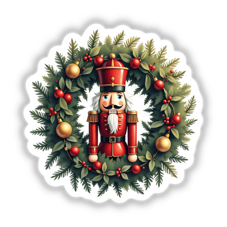 Nutcracker Soldier in a Christmas Wreath depicted with intricate details, available as stickers or digital artwork, showcasing vibrant holiday ornaments and festive charm.