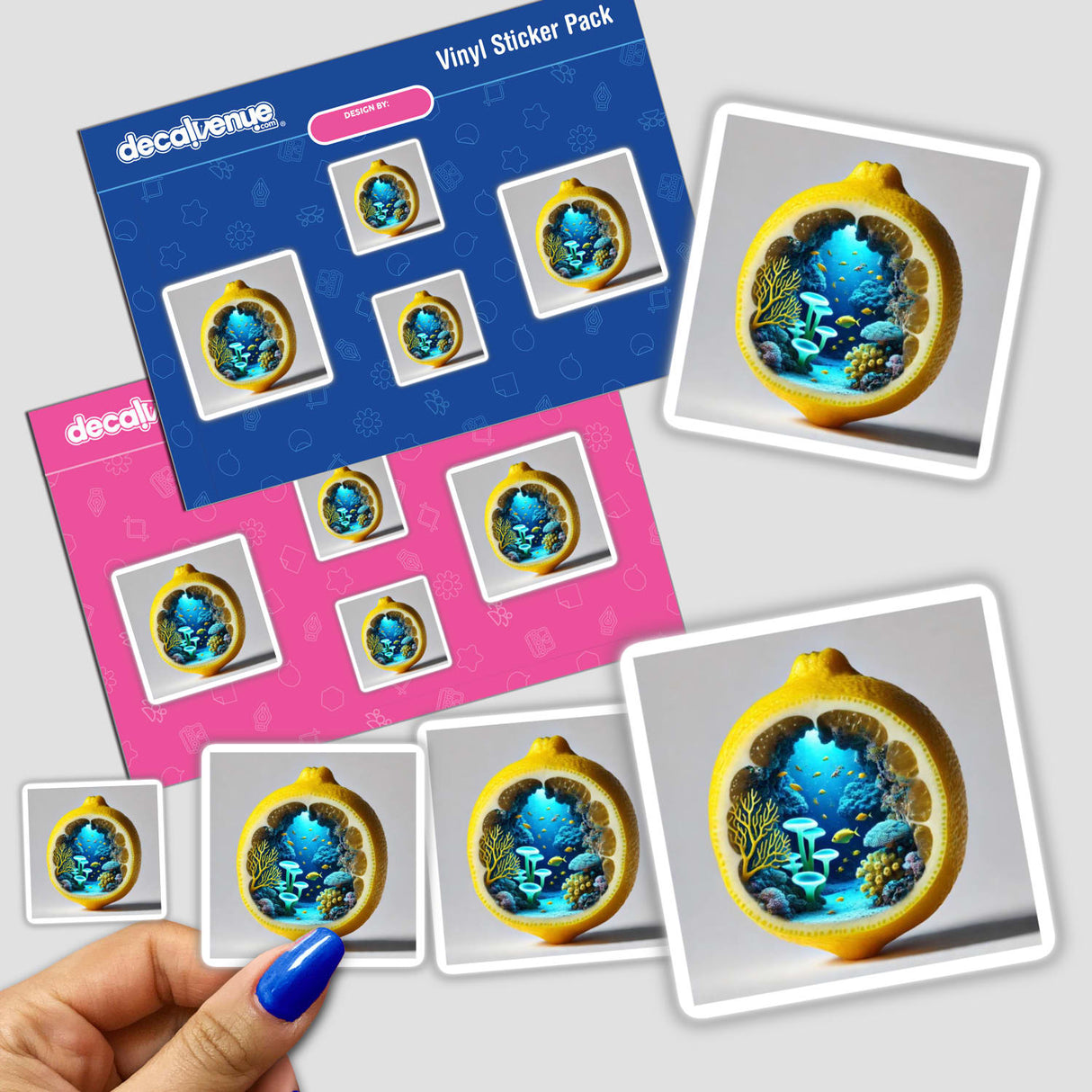 Sticker pack titled Ocean Depths Underwater Cave Inside a Lemon, featuring lemons with fish inside, offered as stickers or digital artwork.