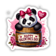 Panda Bear in Valentine's Day Barrel artwork featuring a panda with a bow, holding a heart-shaped balloon in a wooden barrel, available as stickers and digital art.