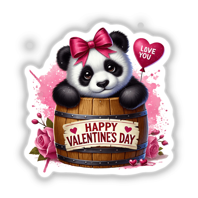 Panda Bear in Valentine's Day Barrel artwork featuring a panda with a bow, holding a heart-shaped balloon in a wooden barrel, available as stickers and digital art.