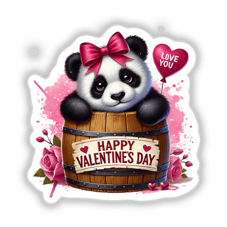 Panda Bear in Valentine's Day Barrel artwork featuring a panda with a bow, holding a heart-shaped balloon in a wooden barrel, available as stickers and digital art.