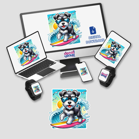 Cool Schnauzer Surfing with Sunglasses – Summer Beach Dog: A playful schnauzer on a surfboard, wearing sunglasses, surrounded by seagulls and waves, embodying summer adventure. Perfect for vibrant stickers or digital art.