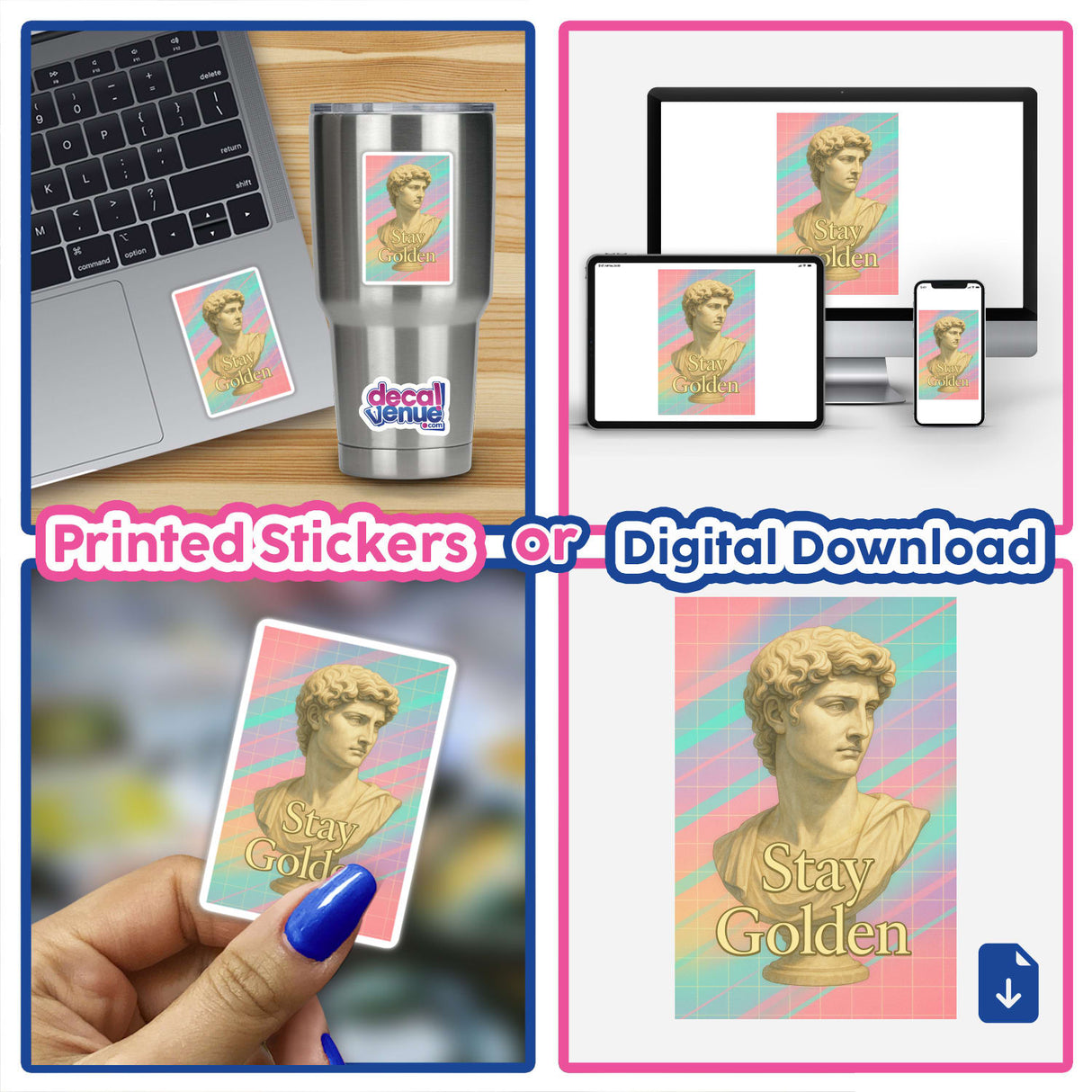 Stay Golden Renaissance Y2K Sticker or Clipart with Commercial Rights features an inspiring art fusion, ideal for creative projects, available as a sticker or digital download from Decal Venue.