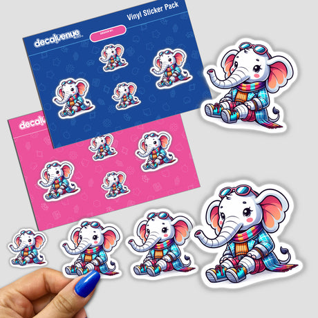 Trendy Elephant stickers featuring adorable cartoon baby elephants in various poses on a pink surface, available as stickers or digital artwork from Decal Venue.
