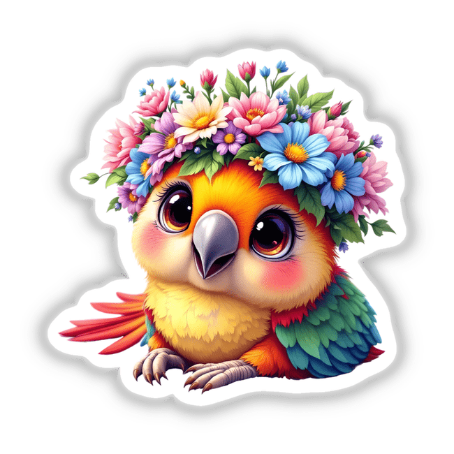 Charming Parrot Wearing a Colorful Flower Crown, showcasing a cartoon bird adorned with vibrant flowers, perfect as stickers or digital art for adding a whimsical touch to any space.