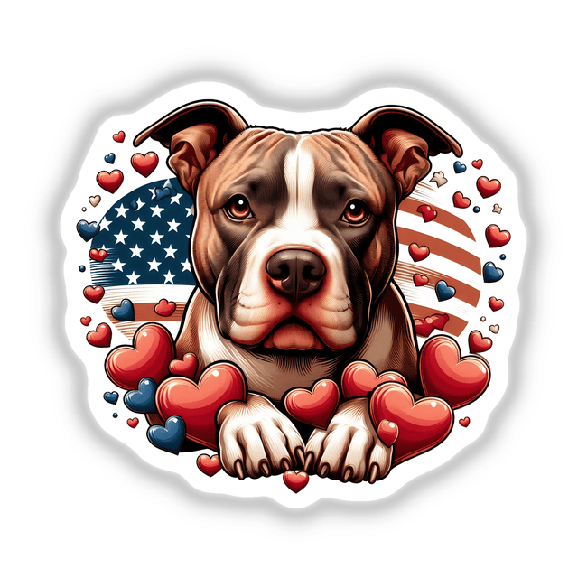 American Red Nose Pitbull with Hearts
Detailed, colorful digital illustration of an American Pit Bull Terrier surrounded by hearts, the American flag, and other patriotic elements.