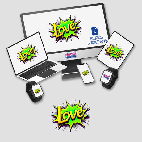 Love Valentine's Day sticker or digital artwork featuring a vibrant yellow and green explosion design, displayed on a computer monitor and laptop screens, ideal for adding a unique touch to devices.