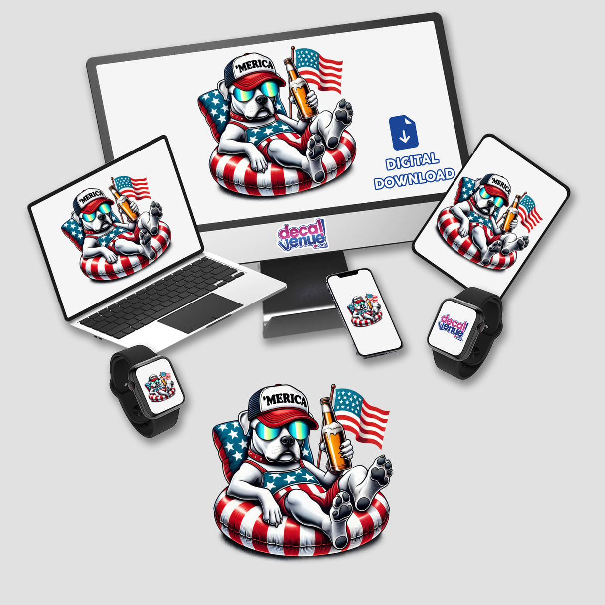 Pit Bull Terrier American Flag Float Merica stickers or digital artwork displayed on computer and laptop screens, featuring a cartoon pit bull dog wearing sunglasses and a hat, holding a beer.