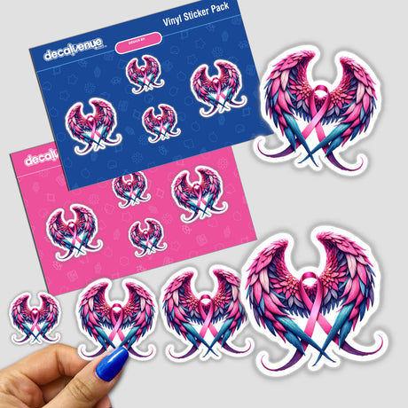 Pink Awareness Ribbon with Wings stickers feature intricate wing designs with a pink ribbon motif. Available as both stickers and digital artwork, reflecting Decal Venue's unique vinyl sticker and art offerings.