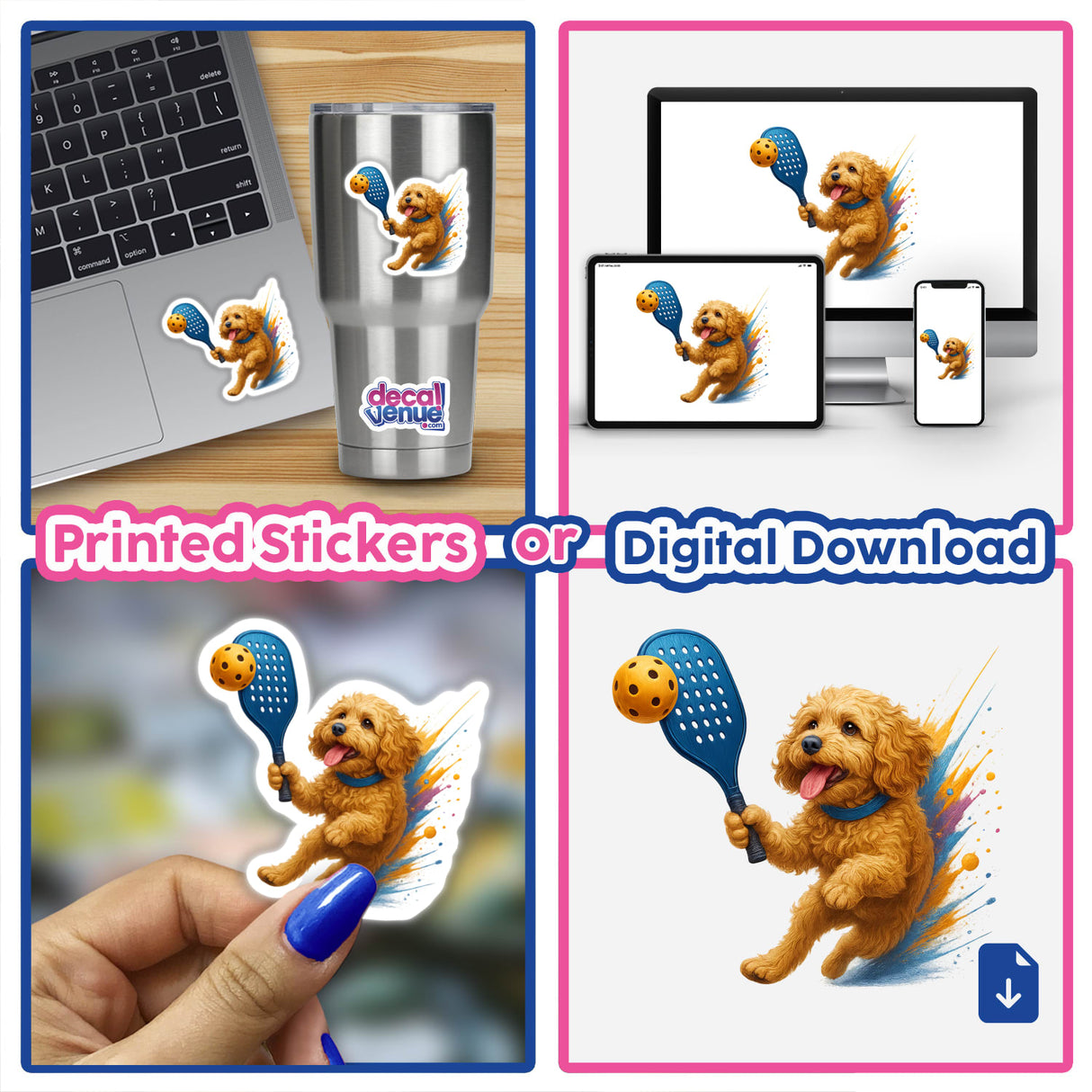 Cockapoo Dog Playing Pickleball design, available as a die-cut vinyl sticker on laptops and tumblers, or as a digital download for screens, featuring a playful puppy with a paddle and ball.