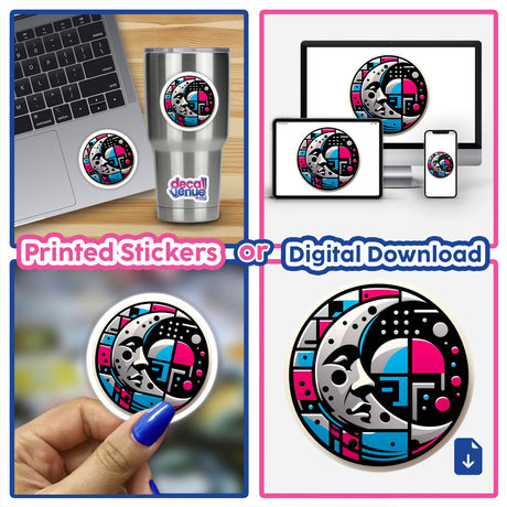 Collage featuring Moon, a sticker and digital artwork with a moon and face design, shown on a hand, laptop, and close-up views.
