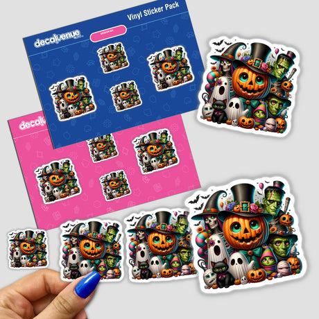 Halloween Family Of Characters Stickers or Digital Art featuring colorful, detailed Halloween-themed characters including a pumpkin-headed figure, ghosts, witches, and other spooky icons.