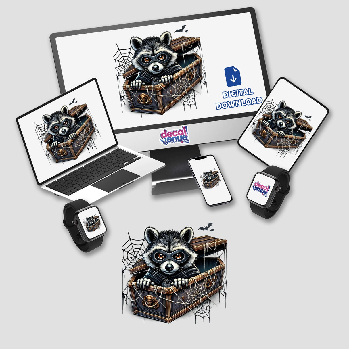 Whimsical Halloween raccoon peeking out of spooky treasure chest on Decal Venue's digital artwork