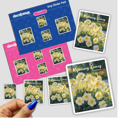 Primrose Rejoicing Comes Sticker or Clipart, featuring vibrant flowers, perfect for crafts or digital projects, inspired by Psalm 30:5. Available with commercial rights. Hand holding the sticker pack.