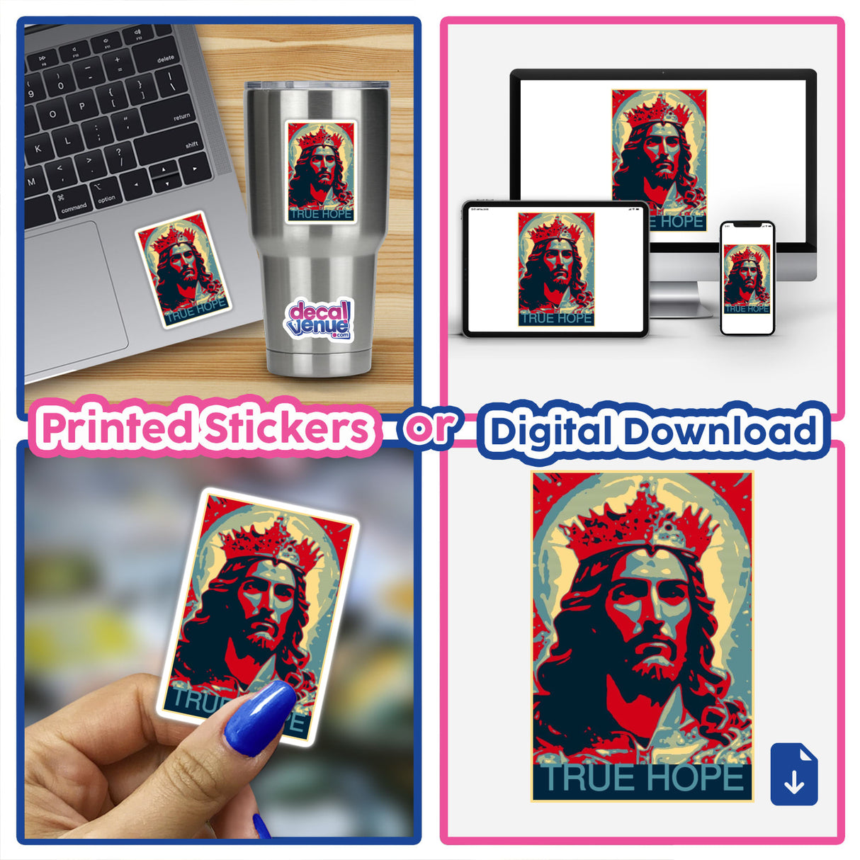 Laptop displaying TRUE HOPE Christian Clipart – Jesus Christ with Crown of Thorns, available as a sticker or digital artwork, with a person's hand holding a card in the foreground.