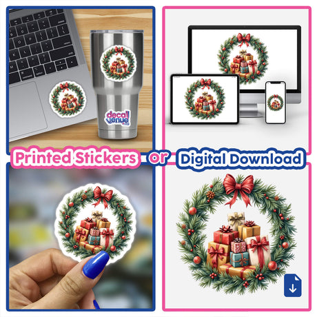 Wrapped Presents in a Christmas Wreath digital artwork collage, featuring festive designs ideal for stickers or digital downloads, showcasing creativity and holiday spirit in unique crafts from Decal Venue.