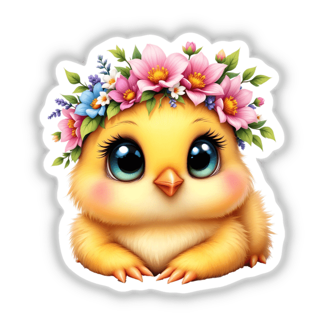 Cute Chick Wearing a Floral Crown, depicted as a cartoon bird with flowers adorning its head, available as charming vinyl stickers or digital art from Decal Venue.