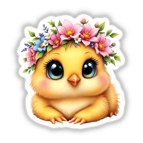 Cute Chick Wearing a Floral Crown, depicted as a cartoon bird with flowers adorning its head, available as charming vinyl stickers or digital art from Decal Venue.