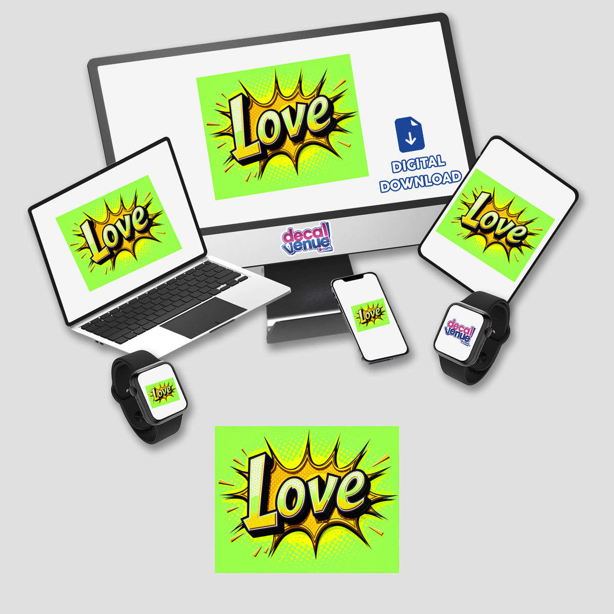 Love Valentine's Day digital artwork featuring a computer monitor, laptop, phone, and smartwatch displaying themed designs, available as stickers or digital downloads from Decal Venue.