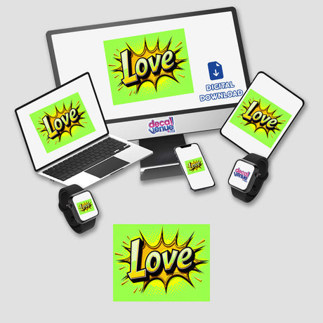 Love Valentine's Day digital artwork featuring a computer monitor, laptop, phone, and smartwatch displaying themed designs, available as stickers or digital downloads from Decal Venue.