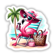 Sassy Leopard Accent Flamingo Bird at Beach II: A cartoon flamingo in sunglasses and a hat, lounging on a beach chair, available as stickers or digital artwork from Decal Venue.