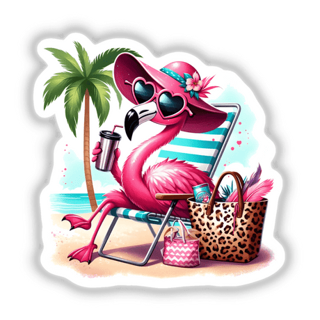 Sassy Leopard Accent Flamingo Bird at Beach II: A cartoon flamingo in sunglasses and a hat, lounging on a beach chair, available as stickers or digital artwork from Decal Venue.