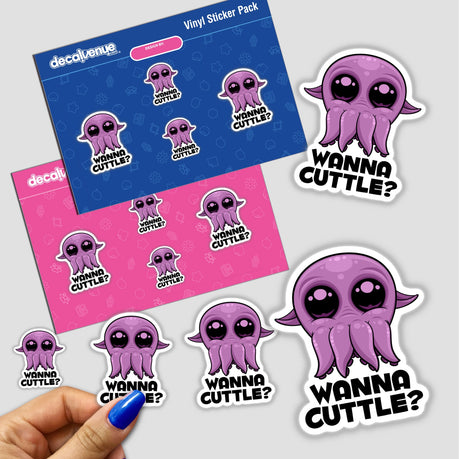 Hand displaying Wanna Cuttle Cute Cartoon Cuttlefish sticker pack, featuring playful cartoon cuttlefish designs, part of Decal Venue's unique vinyl sticker collection.