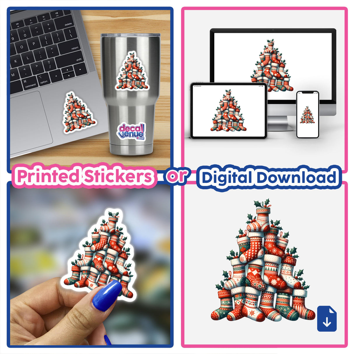 Stocking Christmas Tree stickers and digital artwork collage featuring a computer with a sticker, showcasing unique holiday-themed designs available from Decal Venue.