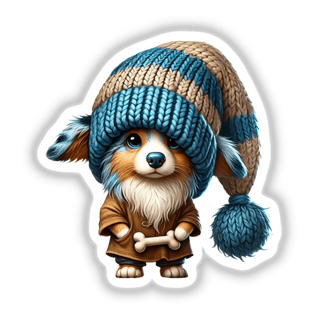 Cartoon Australian Shepherd gnome wearing a hat and coat, holding a dog bone. Available as stickers or digital artwork.