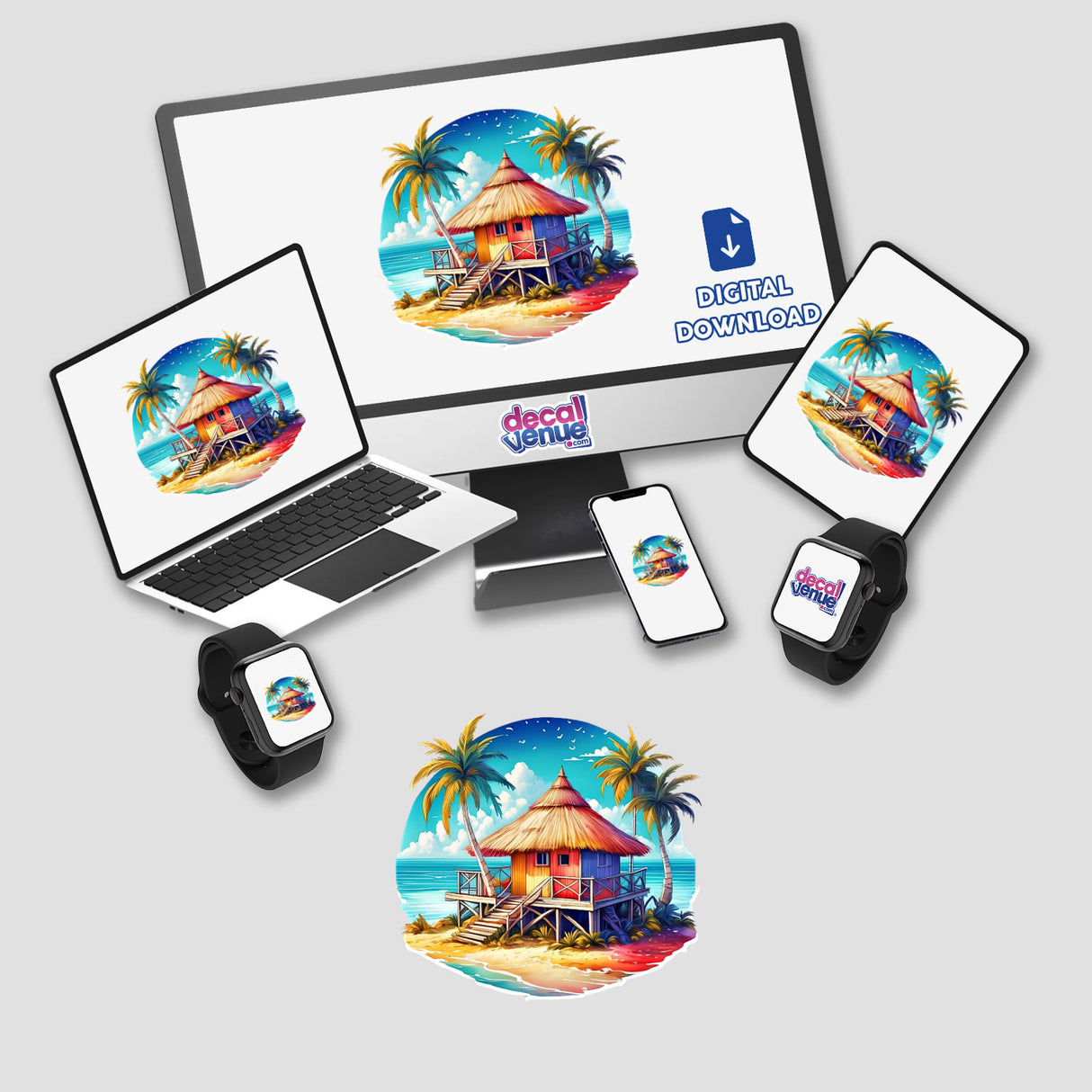 Colorful tropical beach hut digital artwork displayed on various electronic devices including laptops, smartphones, and smart watches. The artwork features a vibrant sunset scene with palm trees, a thatched-roof hut, and a serene ocean backdrop, creating a relaxing and carefree atmosphere.