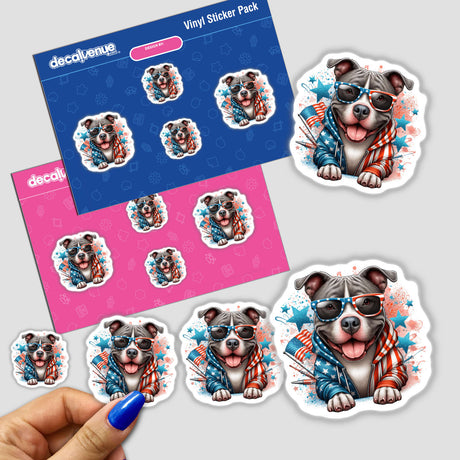 Patriotic American flag-themed digital stickers featuring a happy, smiling pitbull dog wearing sunglasses and a patriotic bandana, displayed in a vinyl sticker pack from the Decal Venue store.