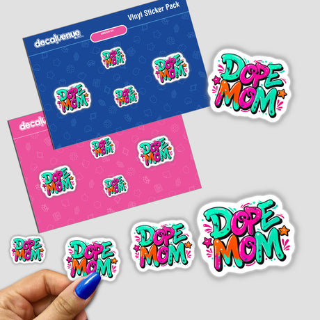 Sticker pack featuring the product title Dope Mom with colorful cartoon elements and playful typography, designed for use as either vinyl stickers or digital artwork.
