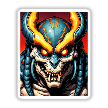 A Cool Alien Predator Soldier cartoon featuring a horned monster with red eyes, available as unique vinyl stickers or digital artwork from Decal Venue.