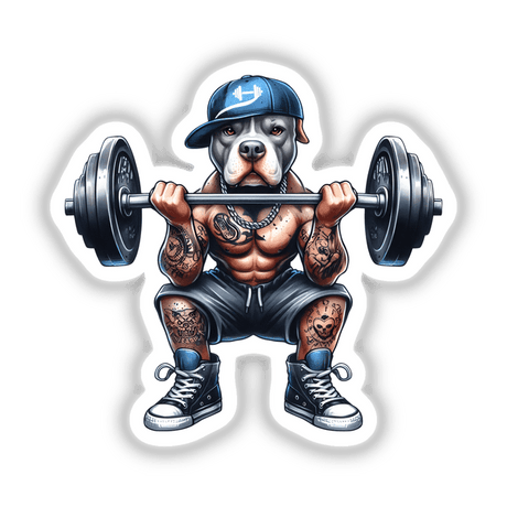 Muscular pitbull dog weightlifter wearing baseball cap, holding barbell in striking pose