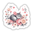 Sleeping Mouse with Roses and Hearts features a serene mouse nestled among roses and whimsical hearts, available as stickers and digital artwork, capturing charm and elegance for personalization.