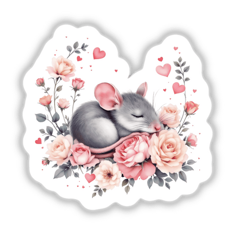 Sleeping Mouse with Roses and Hearts features a serene mouse nestled among roses and whimsical hearts, available as stickers and digital artwork, capturing charm and elegance for personalization.