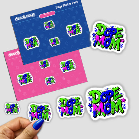 Dope Mom stickers featuring vibrant text and playful designs, available as unique vinyl decals or digital artwork from Decal Venue.