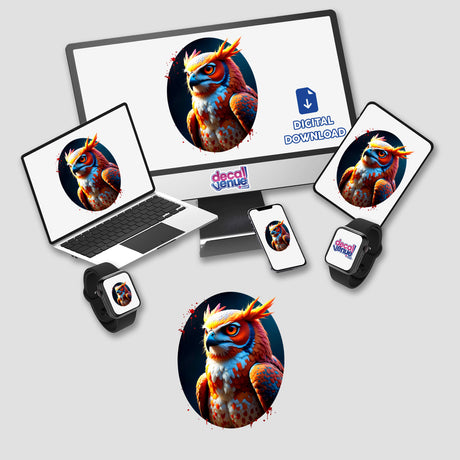 Computer monitor and laptop display A Cool Hybrid Hawk Owl cartoon, available as stickers or digital artwork, highlighting the whimsical style typical of Decal Venue's unique vinyl and digital art collection.