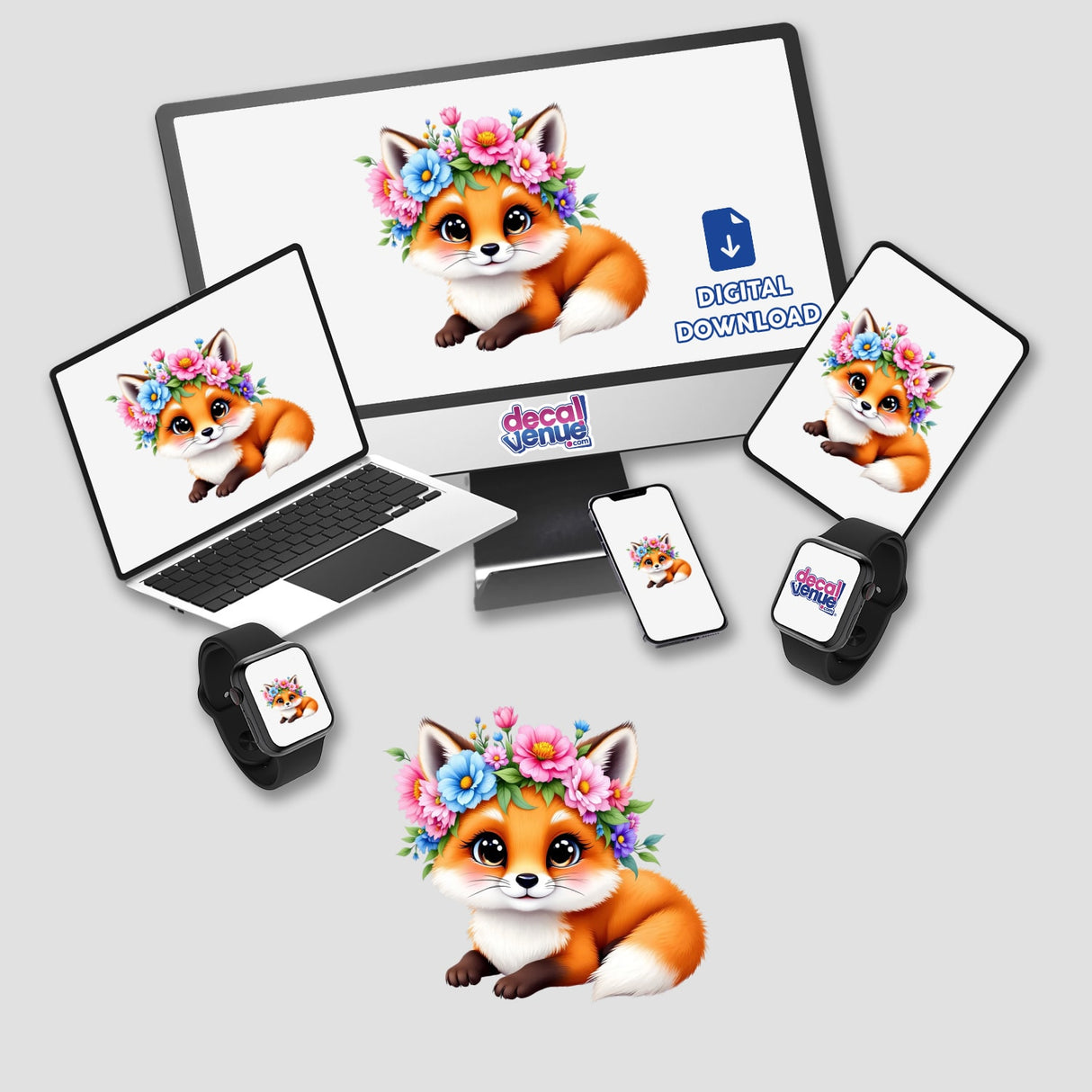 Charming Fox with a Blooming Flower Crown displayed on a computer monitor and laptop, showcasing vibrant digital artwork ideal for stickers, available at Decal Venue.