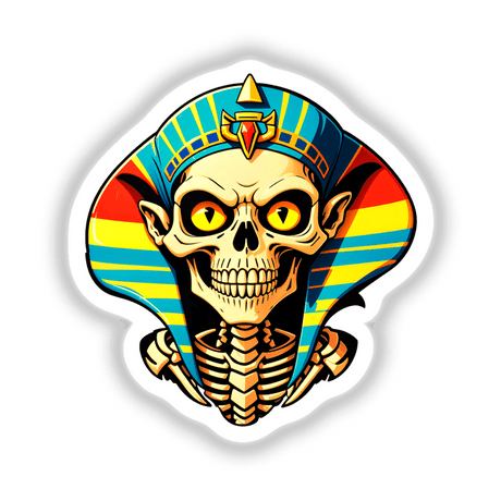 Cartoon illustration of A Cool Egyptian Pharaoh Skull featuring a skeleton with a colorful hat and distinctive yellow eyes, available as stickers or digital artwork from Decal Venue.