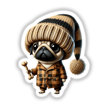 Cartoon of a Pug Gnome wearing a hat and coat, holding a bone. Available as stickers or digital artwork.