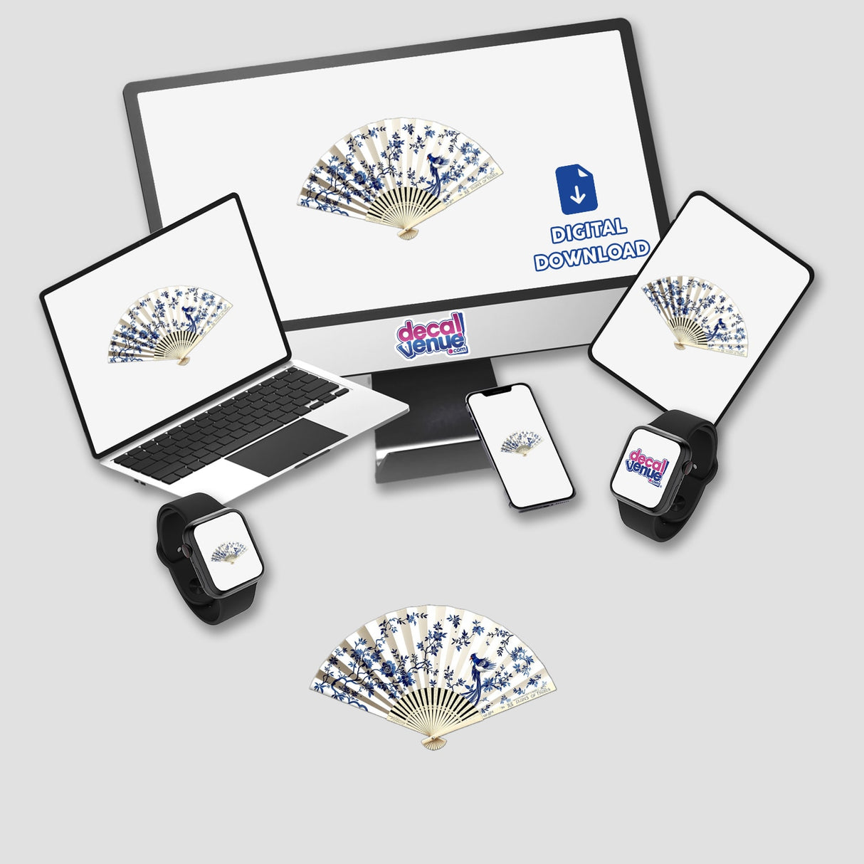 Chinoiserie Fan digital artwork displayed on a computer monitor and laptop, ideal for stickers, highlighting intricate fan designs, available from Decal Venue's unique collection.