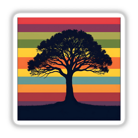 Tree of Life Silhouette with Bold Stripes featuring a striking tree silhouette against a vibrant, multicolored background, available as stickers or digital artwork.