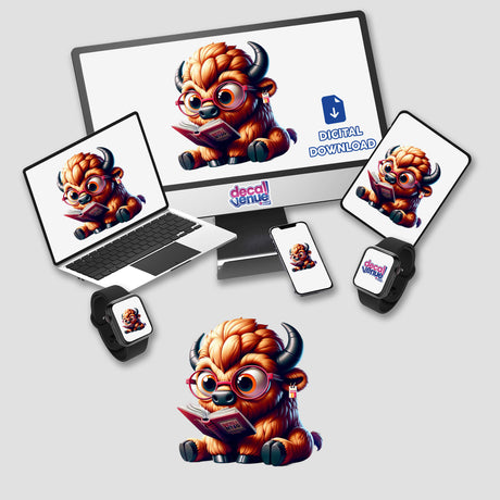 Bison in Reading Glasses Open Book design displayed on a computer monitor and laptop, featuring a cartoon bull engrossed in a book. Available as stickers or digital artwork.