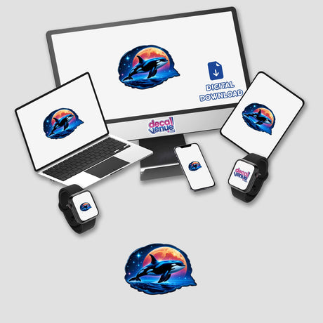 A Cute Magical Orca depicted on a computer monitor and laptop, available as stickers or digital artwork. The image features the orca in playful scenarios, highlighting its whimsical charm.