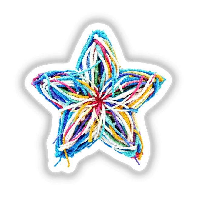 Yarn Star: A vibrant, intricate star crafted from colorful yarn, available as stickers or digital artwork from Decal Venue, showcasing unique creativity and artistry.
