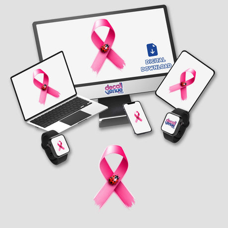 Ladybug Pink Ribbon Breast Cancer-3 sticker or digital art featuring a ladybug on a pink ribbon, displayed on a laptop and phone screen, symbolizing support and awareness.